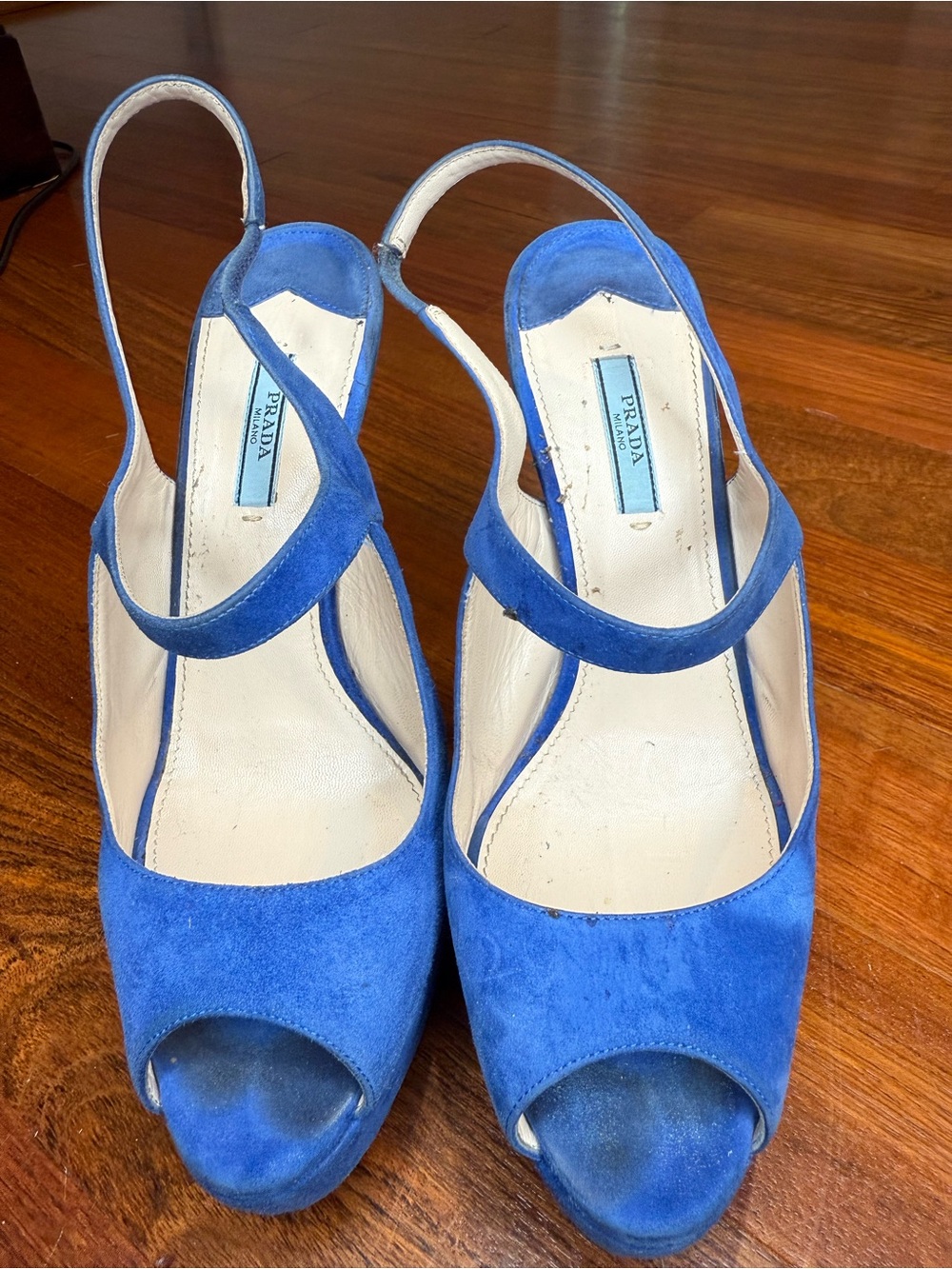 Prada Cobalt Blue Suede Peep-Toe Platform Slingback Heels
